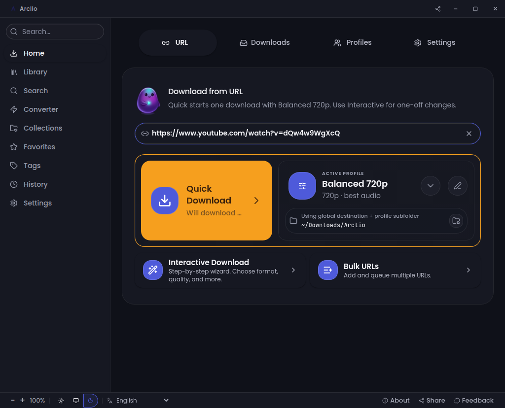 Arclio's home screen: paste a URL, pick a download profile, and start pulling